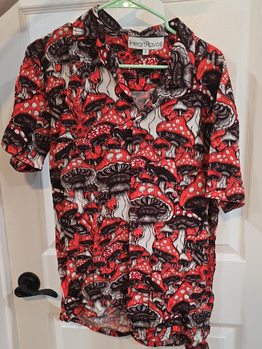 iHeartRaves Red and Black Mushroom Print Button-Up Shirt